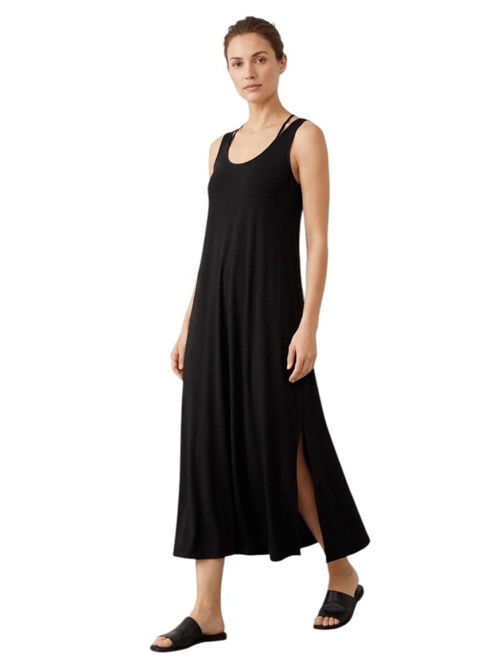 Eileen Fisher Sleeveless Strappy Neck Tank Midi Dress Side Slit Black Size Small